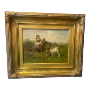 Antique Oil Painting by Karl Stuhlmuller Children With Goats Well Listed