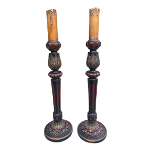 Pair of Antique Wooden Electrified Candlestick Lamps