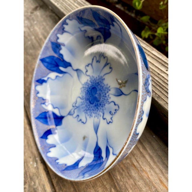 Blue Vintage Japanese Porcelain Bowl With Peony & Butterfly Motif in Cobalt Blue For Sale - Image 8 of 11