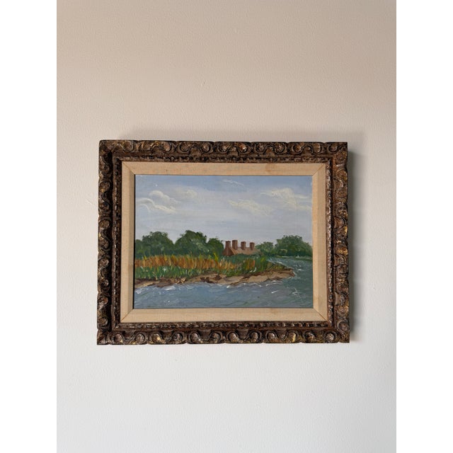 Beautiful vintage Impressionist oil painting depicting a peaceful riverside landscape with lush marsh grasses, flowing...