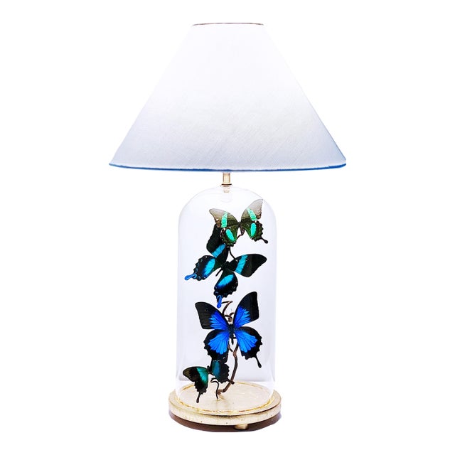 Blue Green Butterfly Cloche Lamp For Sale
