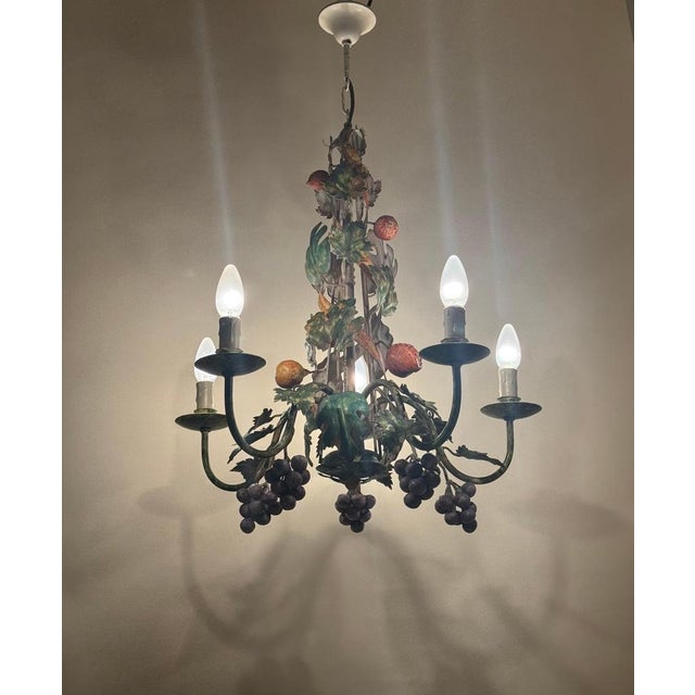 Metal Italian Hand-Painted Fruit and Vine Chandelier with Pomegranates, 1970s For Sale - Image 7 of 16