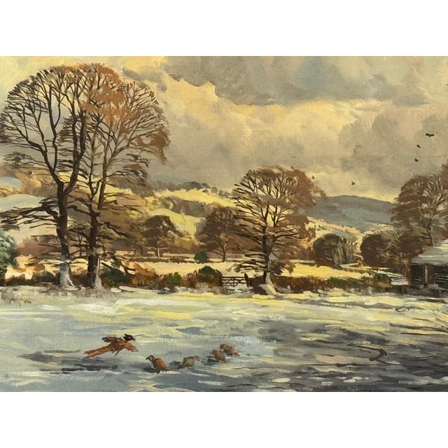 Realism John Miller Winter landscape with snow covered fields & farmhouse in the English Countryside 1985 Circa For Sale - Image 3 of 14