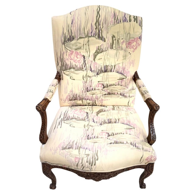 Late 20th Century Late 20th Century Pair of French Louis XV Style Carved Accent Chairs Pastel Watercolor Print For Sale - Image 5 of 10