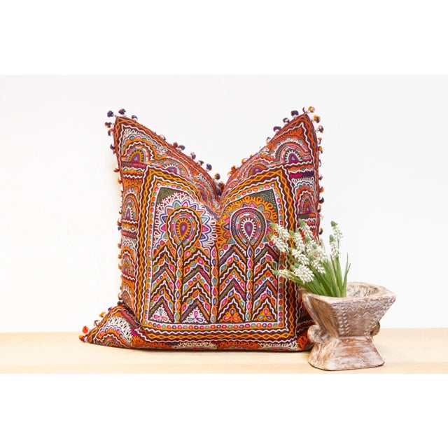 Red Barkha Rajasthani Embroidered Large Decorative Euro Pillow For Sale - Image 8 of 8