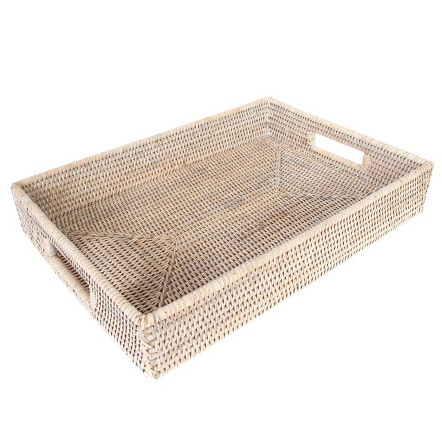 Artifacts Rattan Rectangular Tray With Cutout Handles For Sale