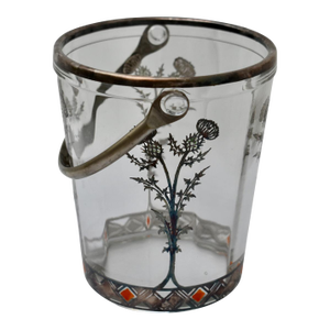 Vintage Signed Rockwell Art Deco Glass Ice Bucket W/Sterling Overlay Enamel