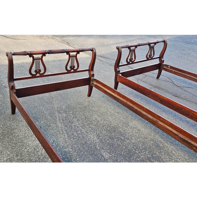 Wood Pair Kindel Furniture Oxford Mahogany Lyre Twin Size Bedframes, Circa 1940s For Sale - Image 7 of 11