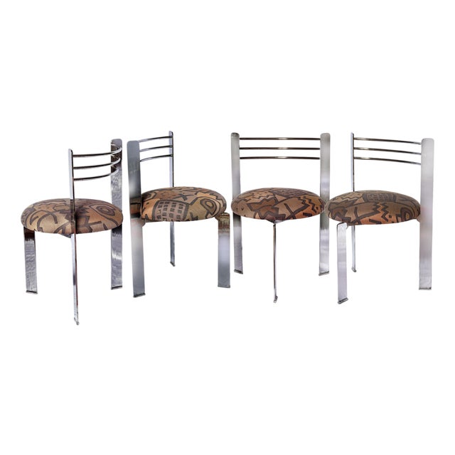 1980's Post Modern, Three Legged Chrome Milan Chairs Set/ 4 For Sale