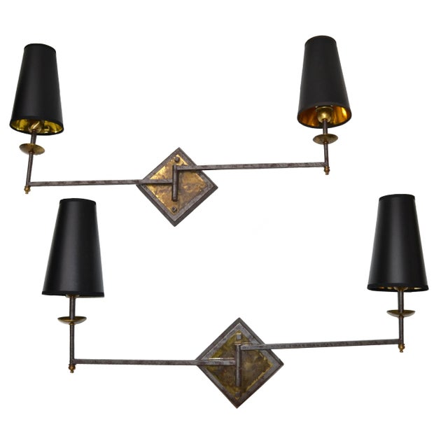 Mid-Century Modern French Mid-Century Modern Metal & Brass Swing Arm Sconces, Wall Lights - Pair For Sale - Image 3 of 13