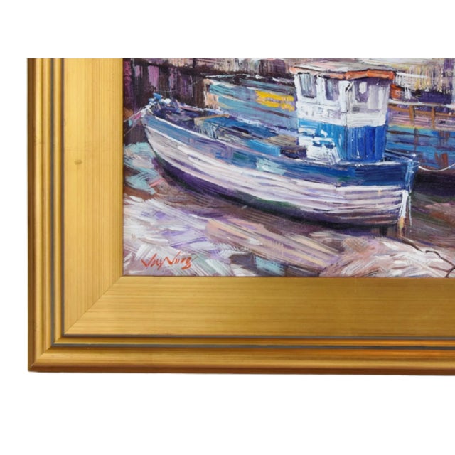 Impressionist Fishing Boats Docked at Nantucket Harbor Painting W/ Antiqued Gold Frame For Sale In Los Angeles - Image 6 of 8