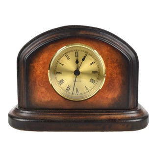 Late 20th Century Art Deco Hand Made Genuine Leather Table Top Desk Clock For Sale
