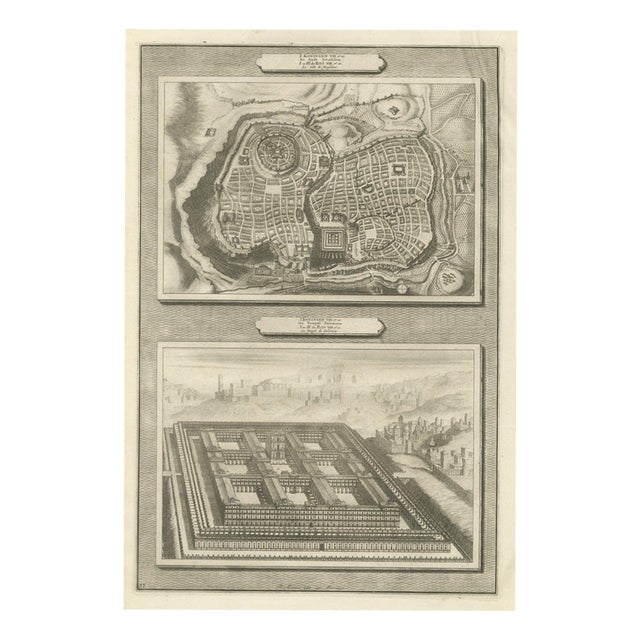 Pieter Mortier, Plan of Jerusalem and Bird's Eye View of Solomon's Temple, 1700, Engraving For Sale