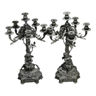 Pair of Large Vintage French Rococo Style Bronze Cherub Candelabras For Sale