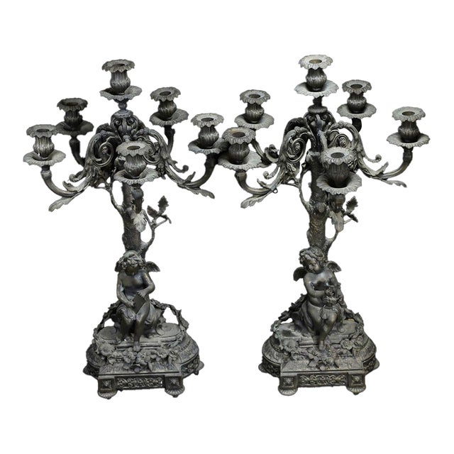 Pair of Large Vintage French Rococo Style Bronze Cherub Candelabras For Sale