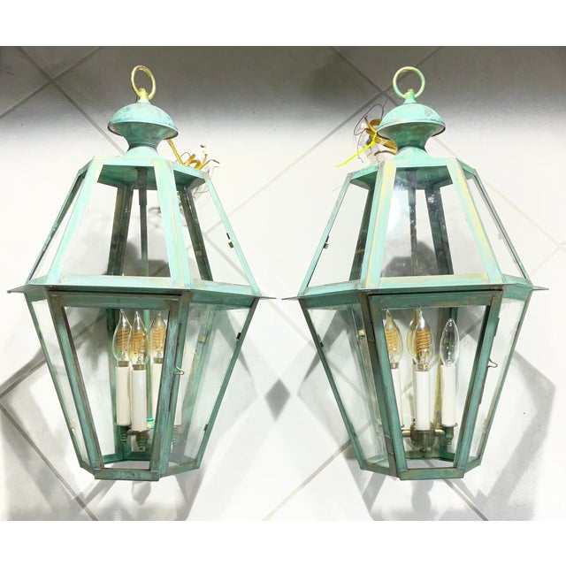 American Exquisite Pair of Vintage Solid Brass Hexagonal Hanging Lanterns - 24” X 16” For Sale - Image 3 of 16