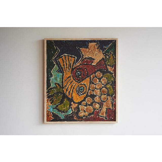 Modernist Fishes Oil on Canvas, Europe, 1970s. Beautiful modernist painting of fishes - semi abstract. Very colorful and...
