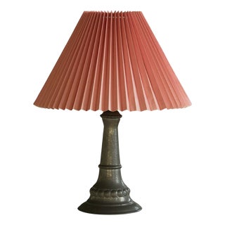 Art Deco Danish Table Lamp in Tin with Pink Pleated Shade, 1940s For Sale