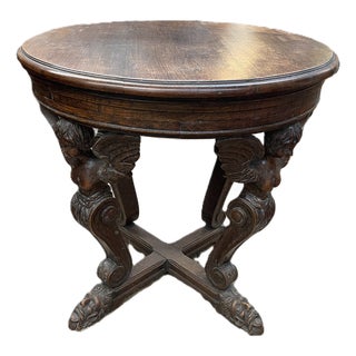 19th Century Baroque Round Oak Table With Winged Cherubs For Sale