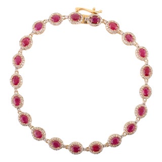 3.71 CTW Ruby Halo Diamond Modern Tennis Bracelet in 14k Yellow Gold For Sale