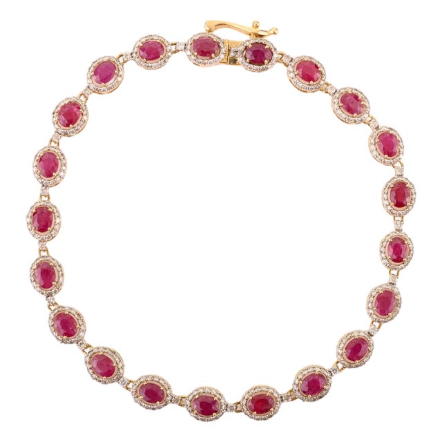 3.71 CTW Ruby Halo Diamond Modern Tennis Bracelet in 14k Yellow Gold For Sale