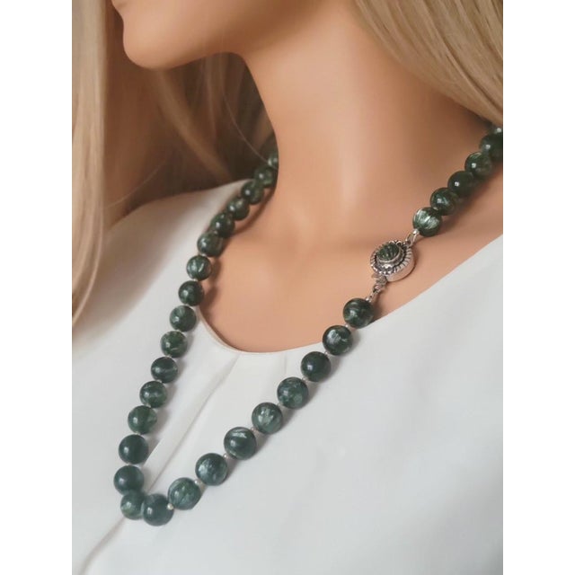 Metal Natural Seraphinite & Freshwater Pearl Necklace, Sterling Silver Seraphinite Clasp, Statement Gemstone Necklace For Sale - Image 7 of 7
