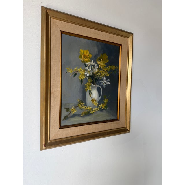 Beautiful vintage 1960s floral still life oil painting on canvas by Marion Maas, featuring a charming arrangement of...
