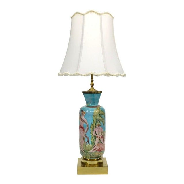Vintage Neoclassical Hand Painted Porcelain & Brass Lamp C1940 For Sale - Image 6 of 11