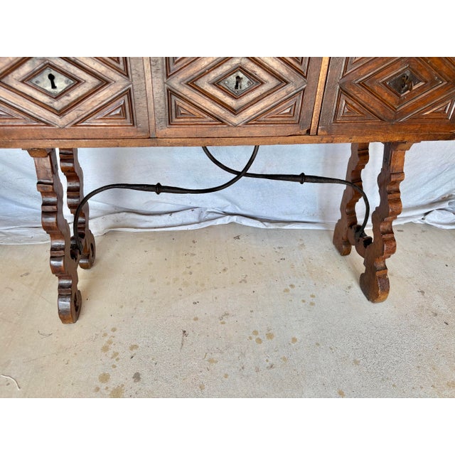 Brown 18th Century Spanish Walnut and Iron Three Drawer Console Table For Sale - Image 8 of 15