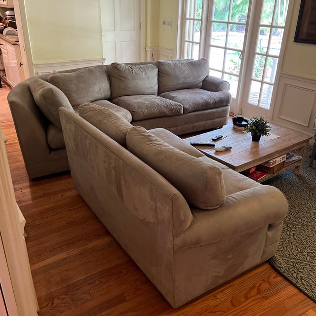 Attributed to Ethan Allen Suede Grey Sofa For Sale - Image 10 of 12