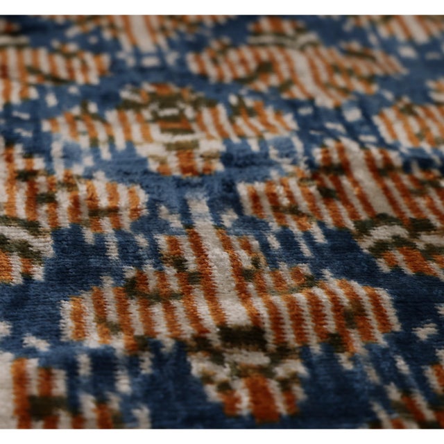 Blue Ikat Silk Velvet Pillow 20x20 | Handmade Designer Accent Cushion For Sale - Image 4 of 7