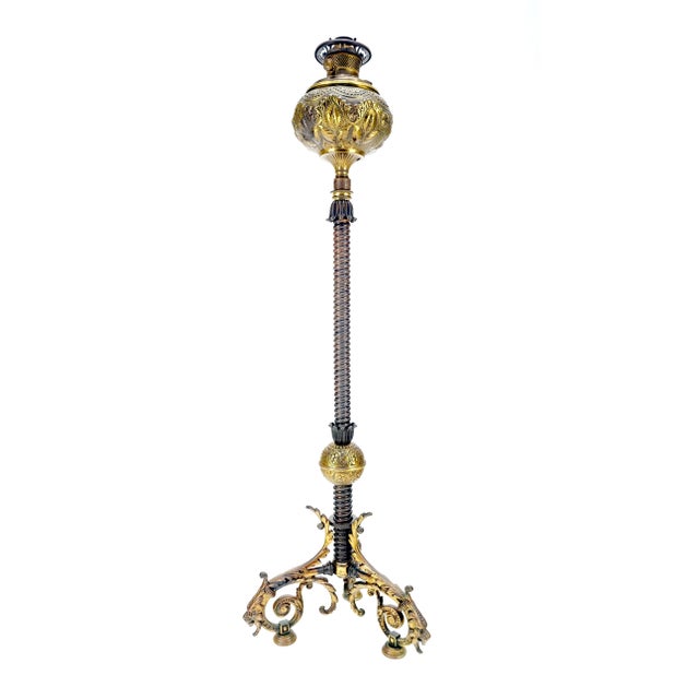 19h Century Cast Polished Brass Tripod Base Adjustable Height Oil Flor Lamp MINT For Sale - Image 12 of 17