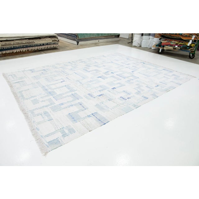 Contemporary Abstract Kilim Flatweave Wool Rug in Ivory and Blue For Sale - Image 4 of 10