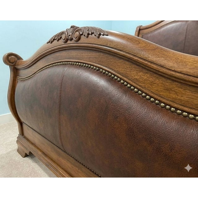 Kreiss Attributed Kreiss Collection King Sleigh Bed Frame – Solid Wood, Leather, Nailhead Trim For Sale - Image 4 of 8