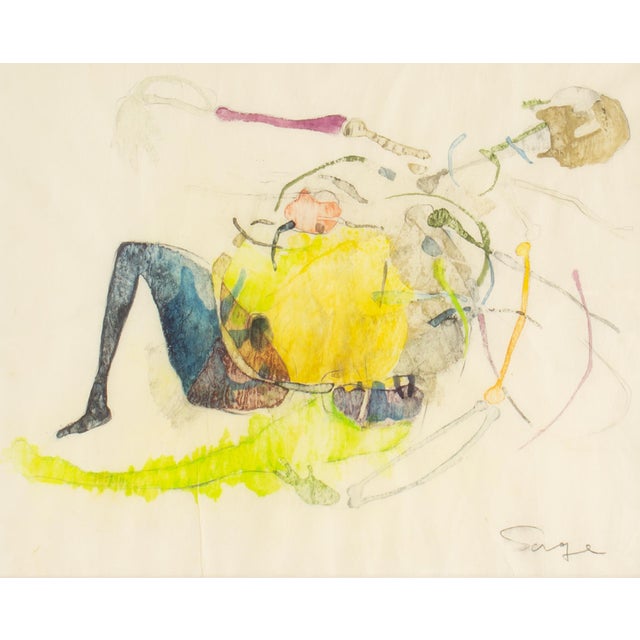 A mixed media painting by the Canadian artist Walter Sorge (1931-2021). This abstract work depicts a skeletal figure...