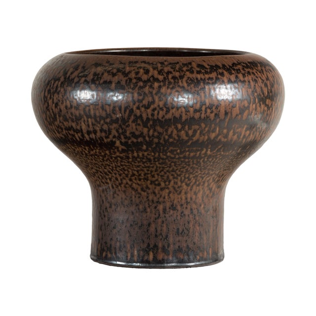 Large Artisan Ceramic Vase with Wide Mouth and Speckled Brown Glaze For Sale - Image 14 of 18