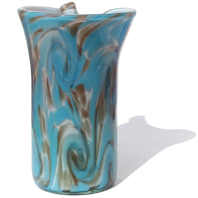 Vintage Murano Fratelli Toso Blue Copper Aventurine Flecks Swirling Clouds Italian Art Glass Flower Vase For Sale In Orlando - Image 6 of 9