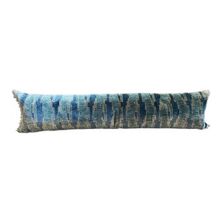 Blue Velvet Lumbar Pillow With Silk Backing For Sale
