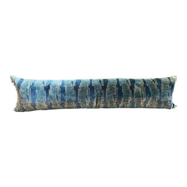 Blue Velvet Lumbar Pillow With Silk Backing For Sale