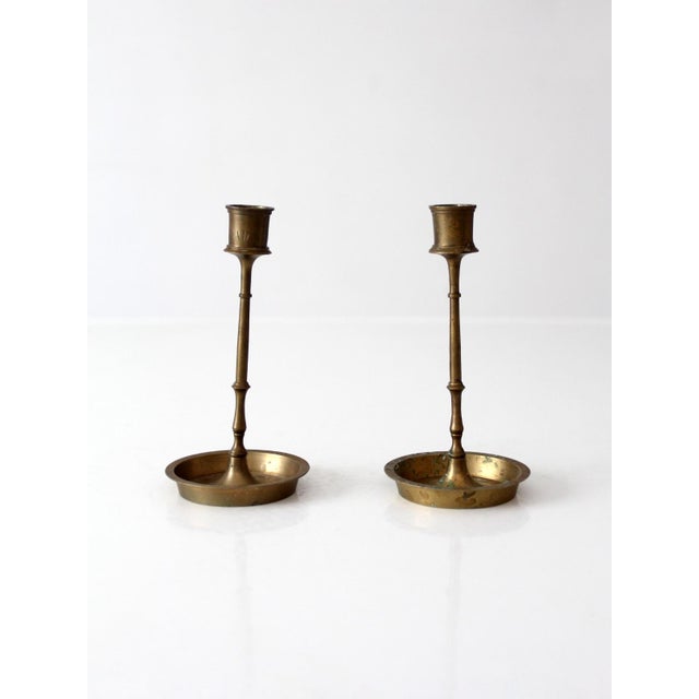 Mid 20th Century Mid-Century Engraved Brass Candlesticks Holders For Sale - Image 5 of 8