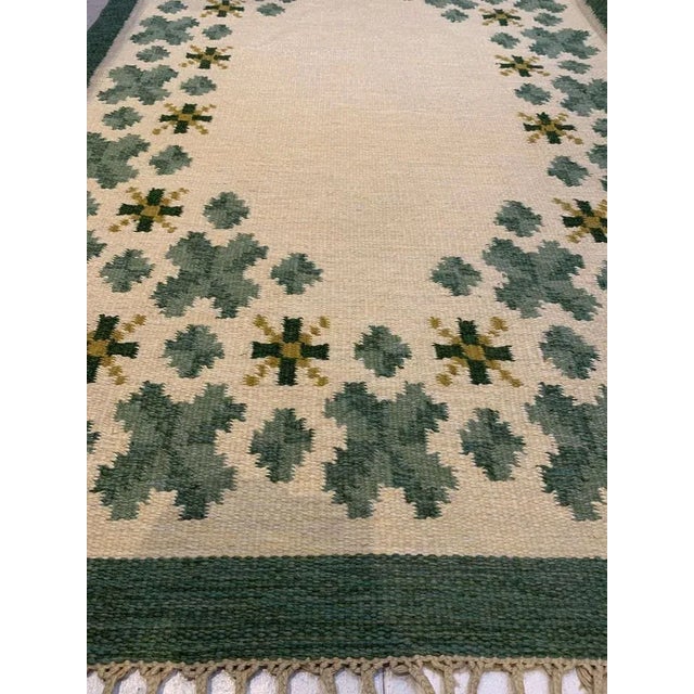 Swedish Flat Weave Rug in Soft Green Tones on Cream Background For Sale - Image 4 of 9