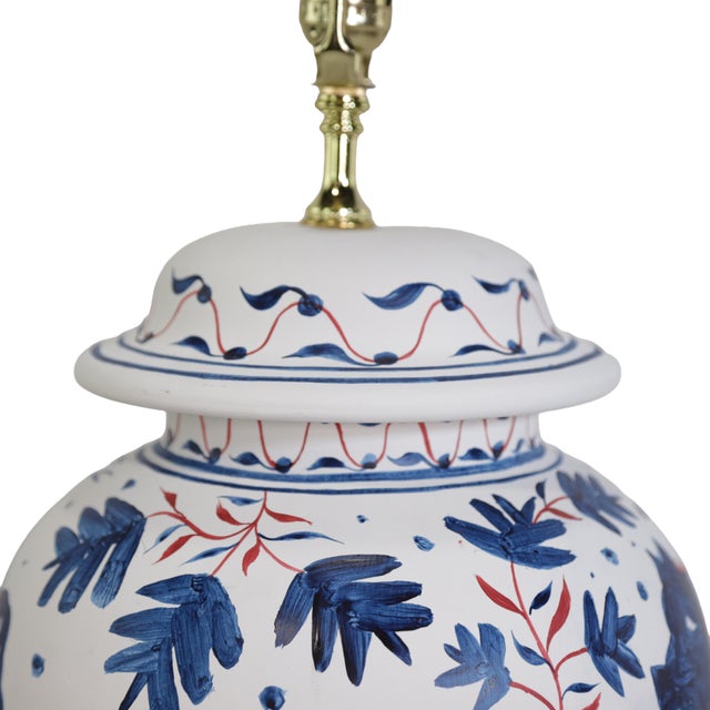 Vintage Brunschwig & Fils Cadiz Table Lamps - Blue and Cream Ceramic With Boar and Deer Motif For Sale In New York - Image 6 of 11