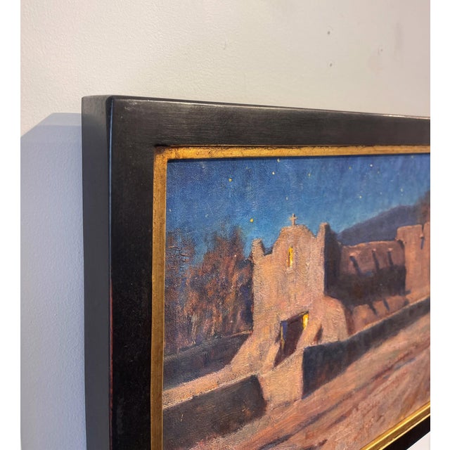 Rustic Moonlight San Lorenzo de Picuris by Lorenzo Chavez | Oil on Board Night scene of a historic adobe church. For Sale - Image 3 of 3
