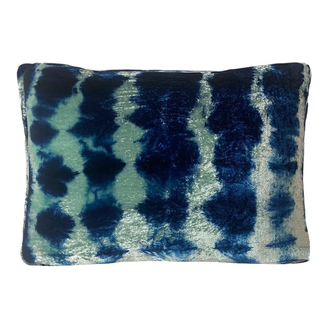 Hand-Dyed Velvet Throw Pillow Jade Green & Indigo Blue Ripple Abstract Pattern For Sale