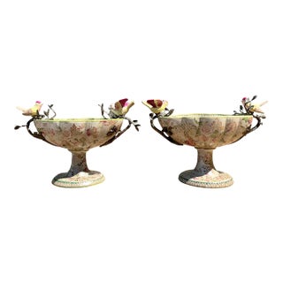 Vintage Glazed Ceramic Floral Bird Urns - A Pair For Sale