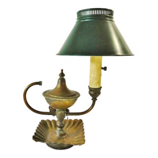 Vintage C1940s Solid Brass Genie Desk Lamp With Green Tole Shade For Sale