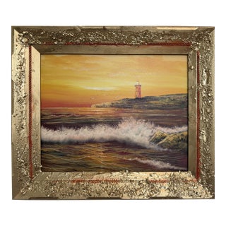 Vintage Oil Painting Lighthouse Sunset Seascape Coastal Art Unique Shell Decor For Sale