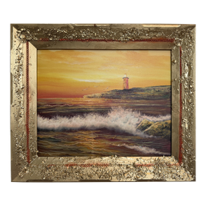 Vintage Oil Painting Lighthouse Sunset Seascape Coastal Art Unique Shell Decor