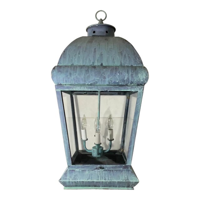 Large Square Vintage Solid Brass Hanging Lantern Chandelier For Sale