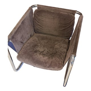 Vintage Chrome Cantilever / Sling Grey Leather Lounge Chair — Late 20th Century For Sale